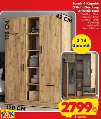 FARAH 4 KAPAKLI 5 RAFLI GARDIROP ATLANTİK ÇAM